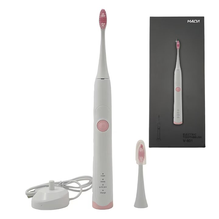 Periuta de dinti electrica Macvi®V-801, 5 trepte viteza, 3 programe de curatare, albire, ingrijire medicala, functie memorare, autonomie 36h, rezistenta la apa IPX7, Alb/Roz