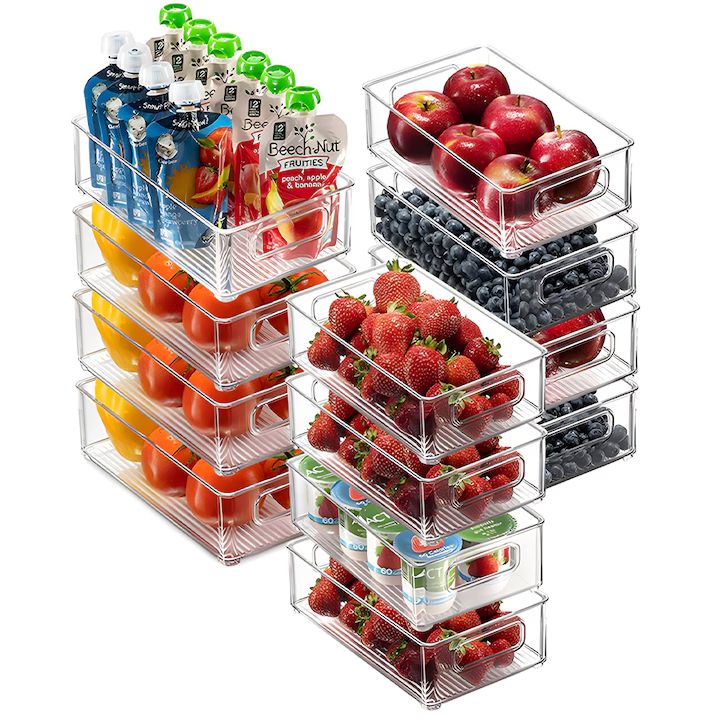Set 12 organizatoare Macvi® pentru frigider, ABS durabil, fara BPA, stocabile, cu manere integrate, 26×15 cm, transparente