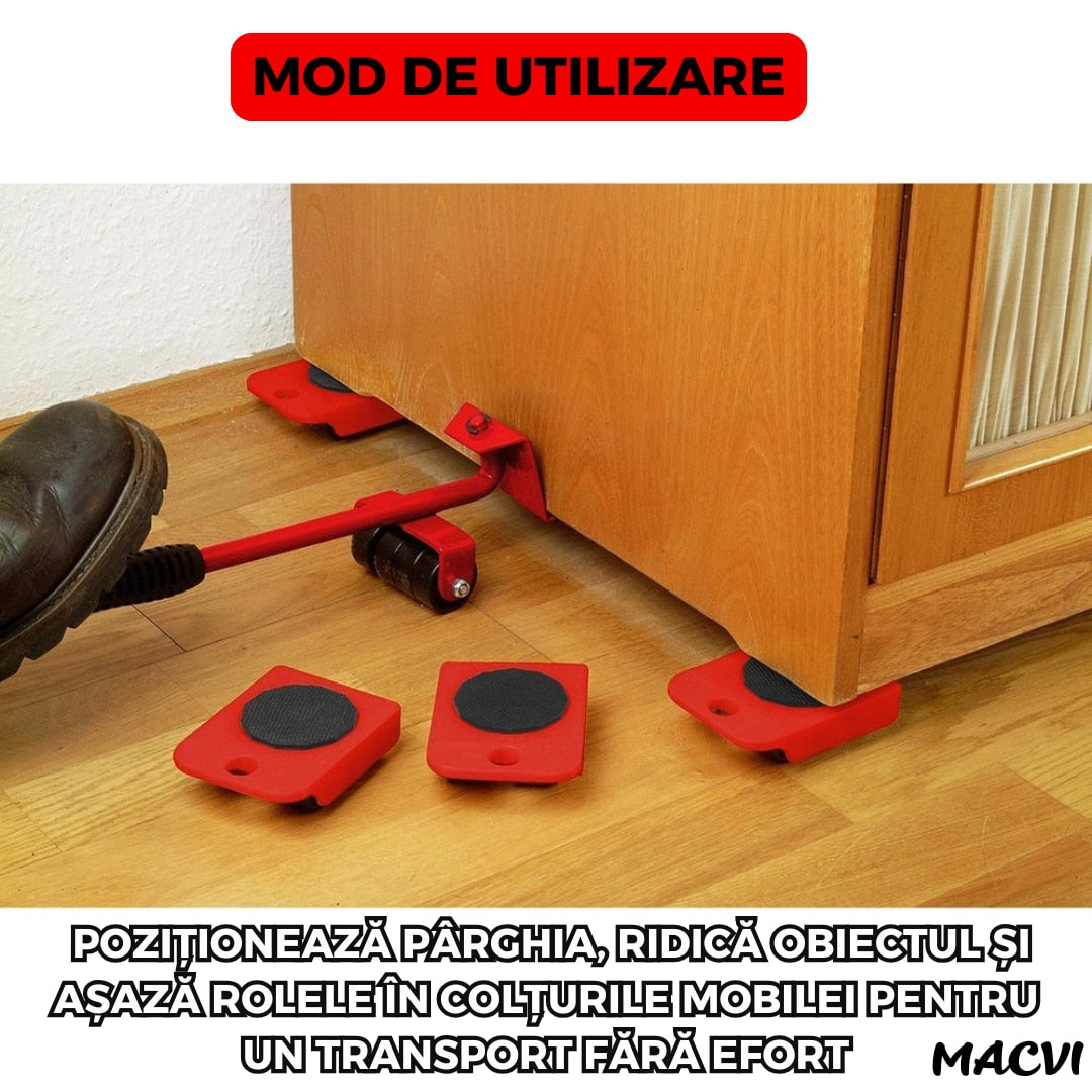 Set levier cu role si 4 suporturi pivotante Macvi®, cu roti pentru mobilier si electrocasnice, capacitate totala 600 kg