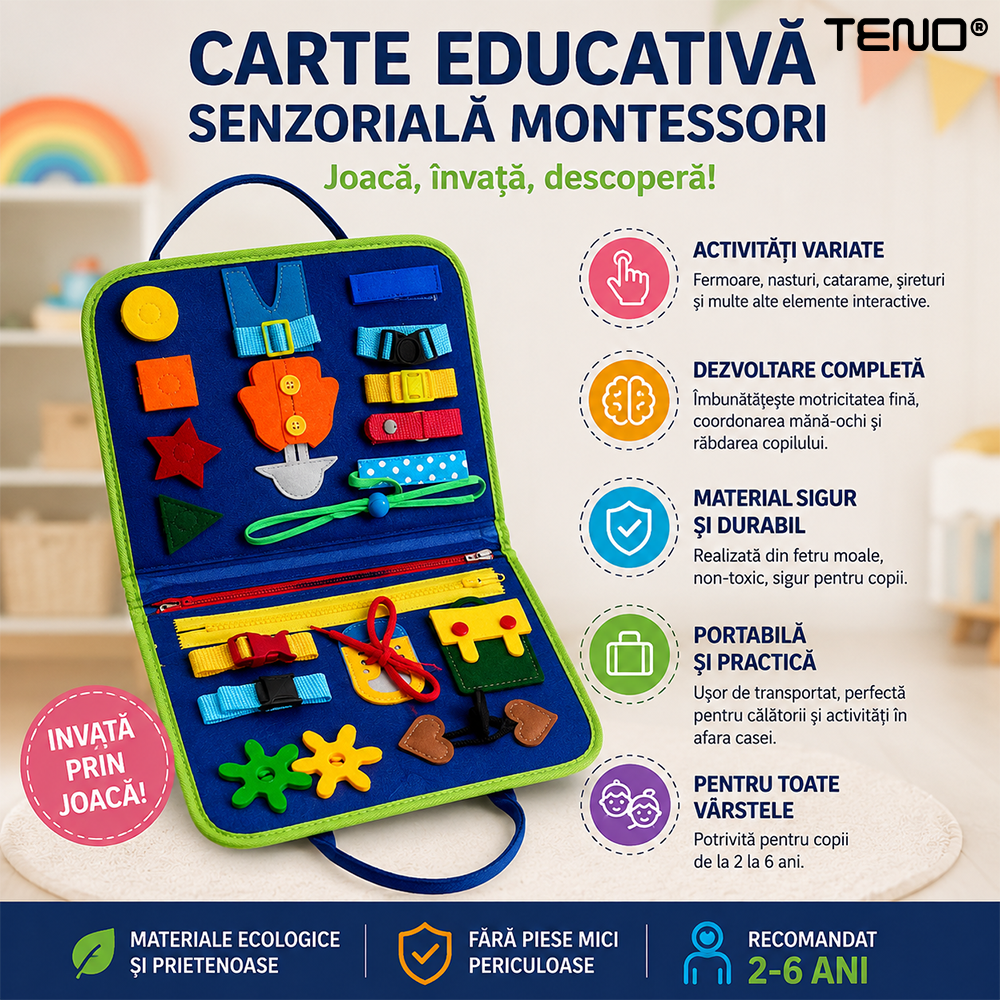 Carte Educativa cu Activitati Montessori Teno®, activitati senzoriale interactive, dezvoltarea abilitatilor motrice si atentiei, carte, mapa, tip gentuta cu multiple activitati, albastru