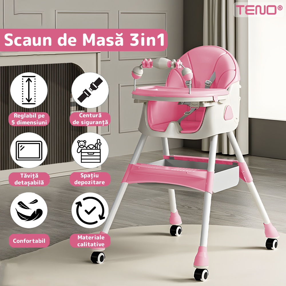 Scaun de Masa 3in1 pentru Bebelusi si Copii Teno®, centura de siguranta in 5 puncte, tavita reglabila si detasabila, loc depozitare jucarii, roz pastel