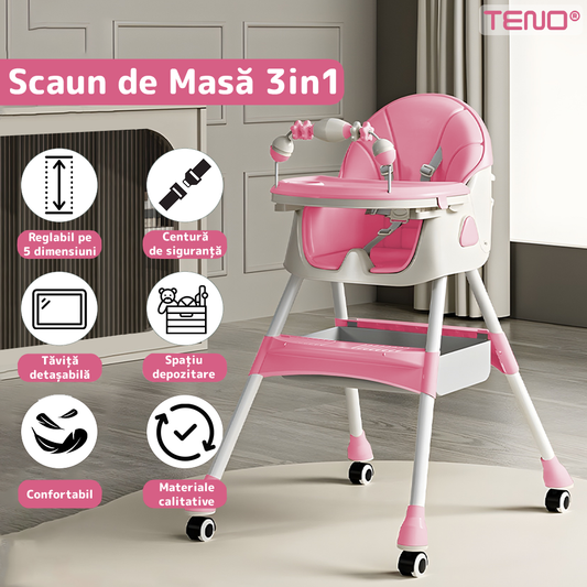 Scaun de Masa 3in1 pentru Bebelusi si Copii Teno®, centura de siguranta in 5 puncte, tavita reglabila si detasabila, loc depozitare jucarii, roz pastel