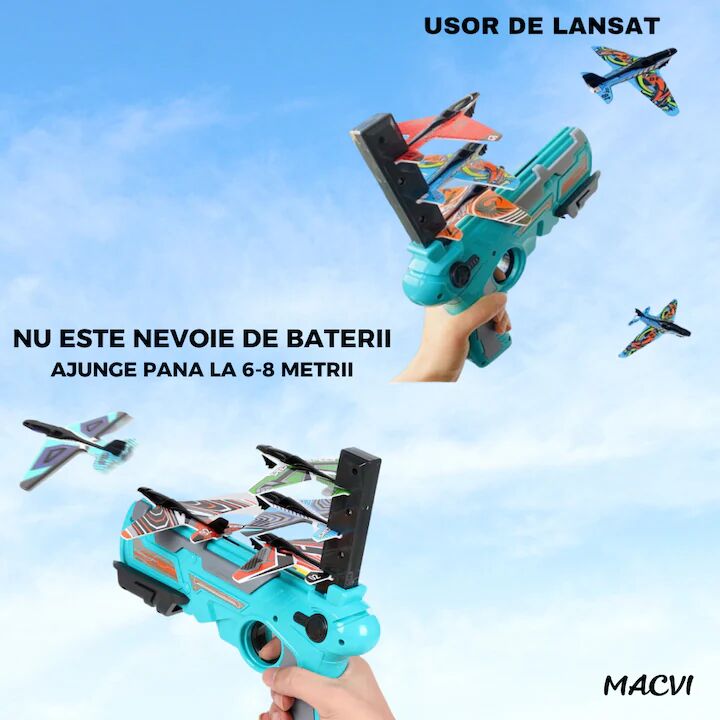 Pistol Lansator Macvi® cu 4 Avioane, Jucarie Interactiva pentru Copii, Design Usor si Sigur, Albastru
