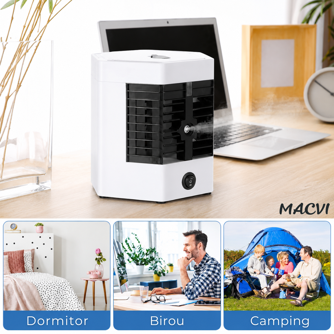 Mini aer condiționat portabil cu apă MACVI®, răcire, umidificare și purificare aer, 10W, USB, rezervor 400 ml, 2 trepte de viteză, autonomie până la 8 ore, alb
