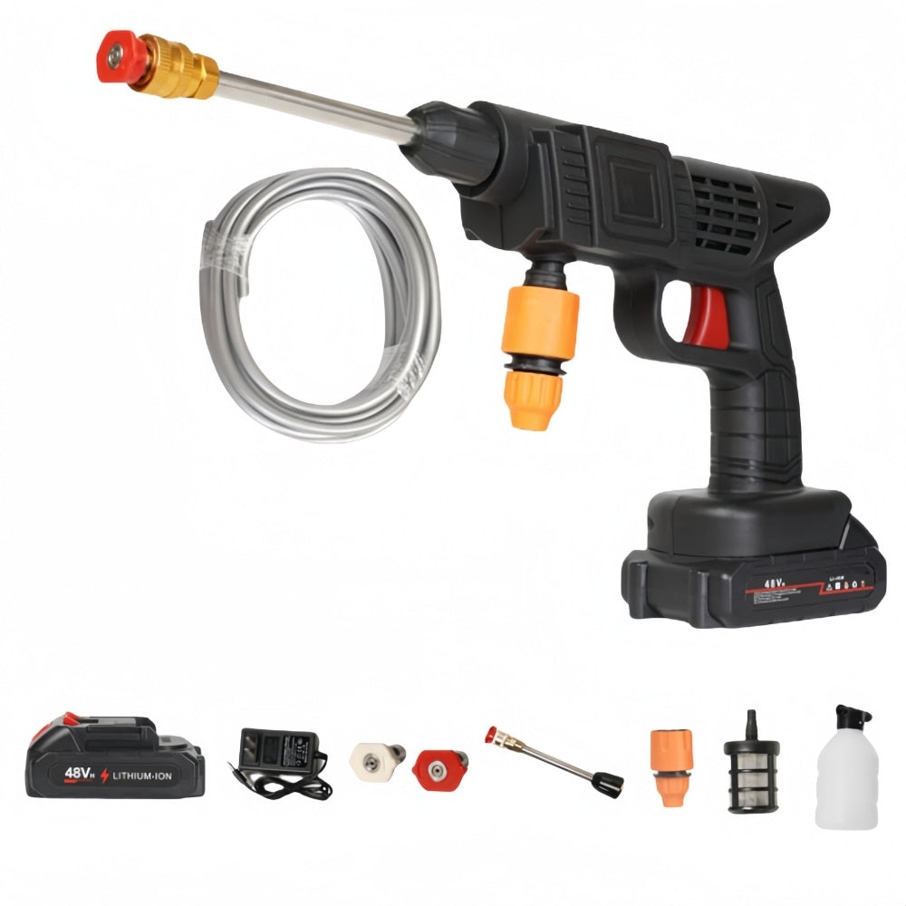 Pistol Electric de Spălat cu Presiune, 2 acumulatori de 48V, cu 3 moduri, 30 bari, Recipient spuma, Filtru si Duze incluse