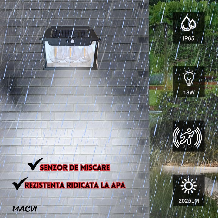 Lampa solara Macvi® de perete cu becuri LED triplu, senzor de miscare 8m, fara fir, 3 moduri de iluminare, IP65 rezistenta la apa, ideala pentru exterior
