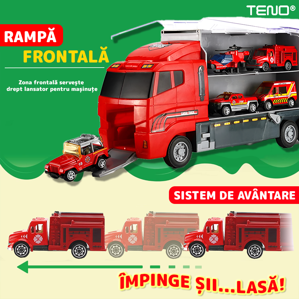 Set Camion Trailer de Jucarie pentru Transport Teno®, seria pompieri, 10 masinute incluse, ambulanta, utilaje, tir, accesorii mobile, lansator si rampa frontala, platforma tractare, rosu