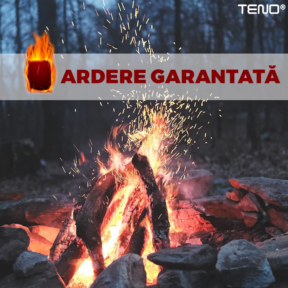 Set 40 Cuburi pentru Aprins Focul Teno®, pastile aprinzatoare ambalate individual, fara miros, timp indelungat de ardere de 8+ minute, incalzire centrala, seminee, sobe, camping, drumetii