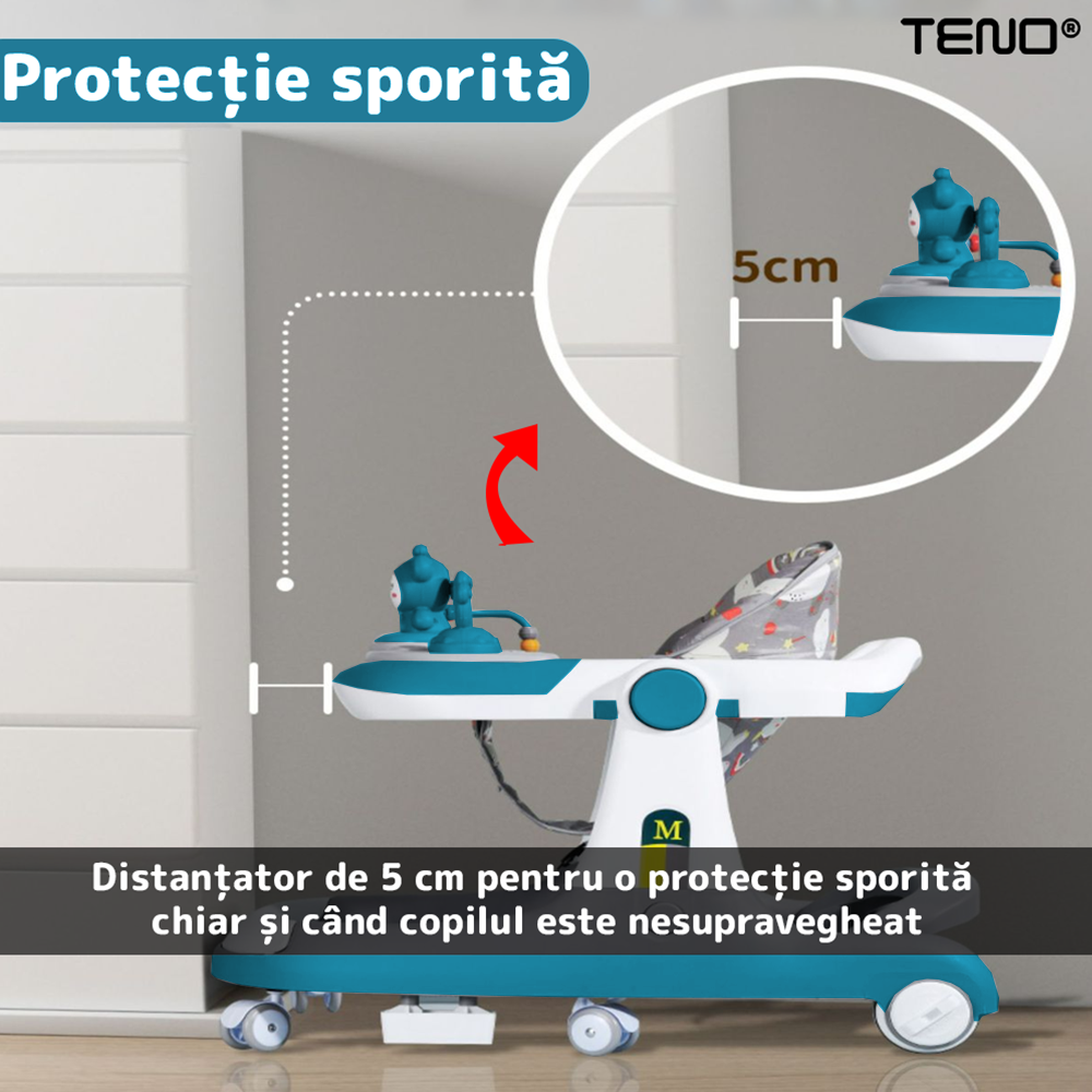 Premergator Multifunctional pentru Bebelusi Teno®, tava cu 3 jucarii, muzica, reglabil, pliabil, greutate max 20kg, 6-36 luni, albastru