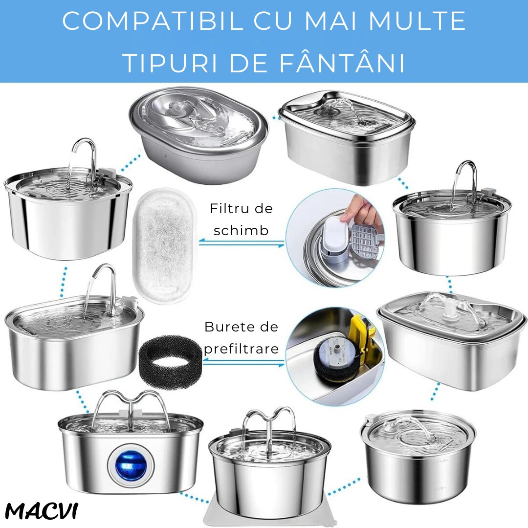 Set 4 filtre Macvi® pentru dispenser de apa automat, design oval, elimina mirosurile si gusturile neplacute, filtrare eficienta pentru caini si pisici, bumbac de calitate