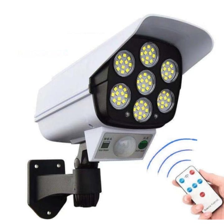 Lampa Solara Tip Camera Falsa Macvi® cu Senzor de Miscare si 77 LED-uri SMD, 3 Moduri de Iluminare, Panou Solar, Control prin Telecomanda, Design Realist, IP65