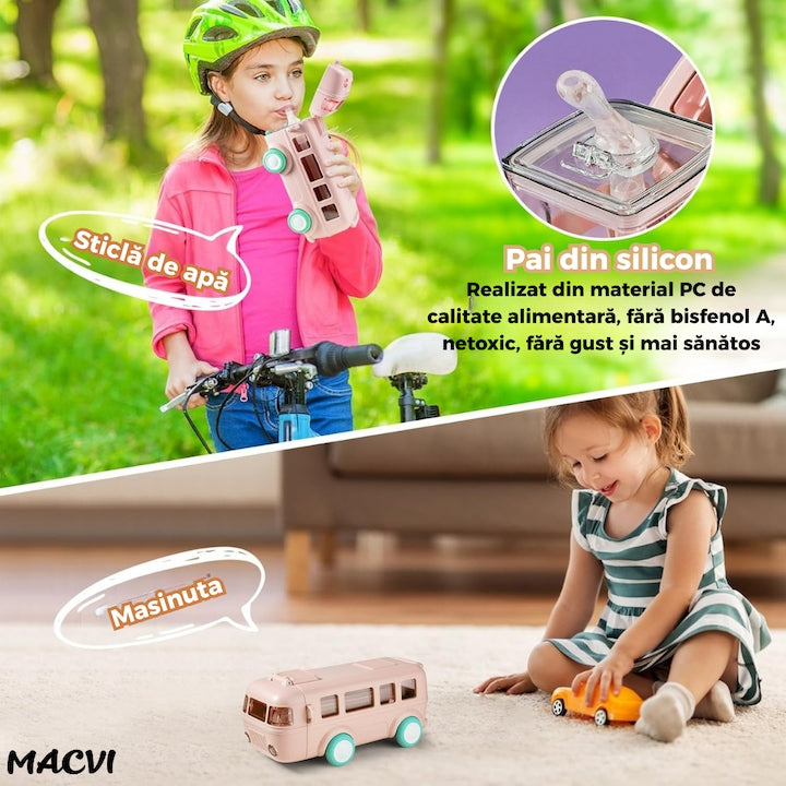 Sticla de Apa pentru Copii Macvi® cu Design Jucarie Autobuz, 500 ml, Fara BPA, Anti-Scurgere, Buton de Deschidere, Curea de Transport Inclusa, Roz