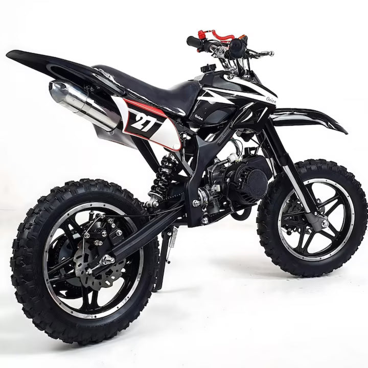 Motocicleta cross Macvi® pentru copii 49cc cu roti groase pornire usoara si motor pe benzina ideala pentru off road, Negru