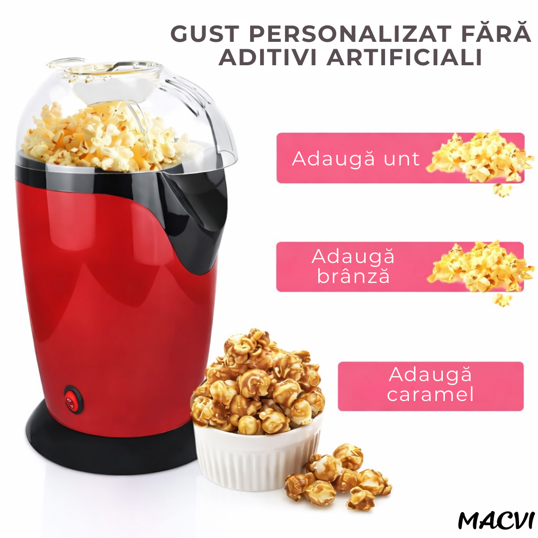 Aparat de facut popcorn Macvi®, 1200W, capacitate 2.5L, fara ulei, rosu