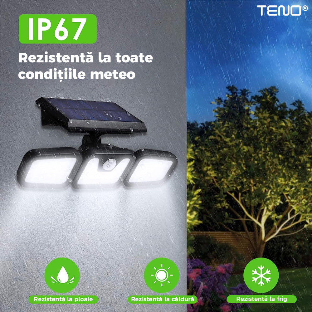 Lampa solara Teno, tripla, 72 LED-uri, senzor de miscare, protectie IP67, negru