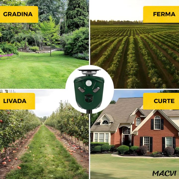 Aparat Macvi® cu ultrasunete anti-daunatori triplu, 360°, anti animale salbatice, incarcare solara/USB, 3 senzori PIR, LED-uri stroboscopice, waterproof, verde