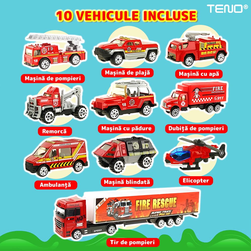 Set Camion Trailer de Jucarie pentru Transport Teno®, seria pompieri, 10 masinute incluse, ambulanta, utilaje, tir, accesorii mobile, lansator si rampa frontala, platforma tractare, rosu