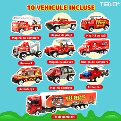 Set Camion Trailer de Jucarie pentru Transport Teno®, seria pompieri, 10 masinute incluse, ambulanta, utilaje, tir, accesorii mobile, lansator si rampa frontala, platforma tractare, rosu