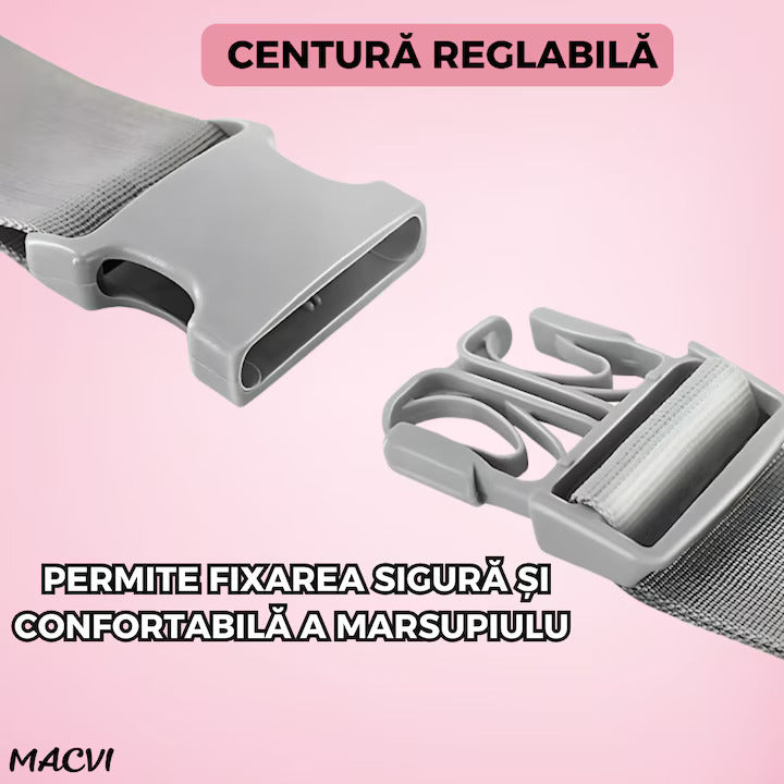Suport port bebe Macvi® tip marsupiu, cu centura pentru talie, material bumbac premium, burete ergonomic, confortabil, 43 x 22 cm, roz
