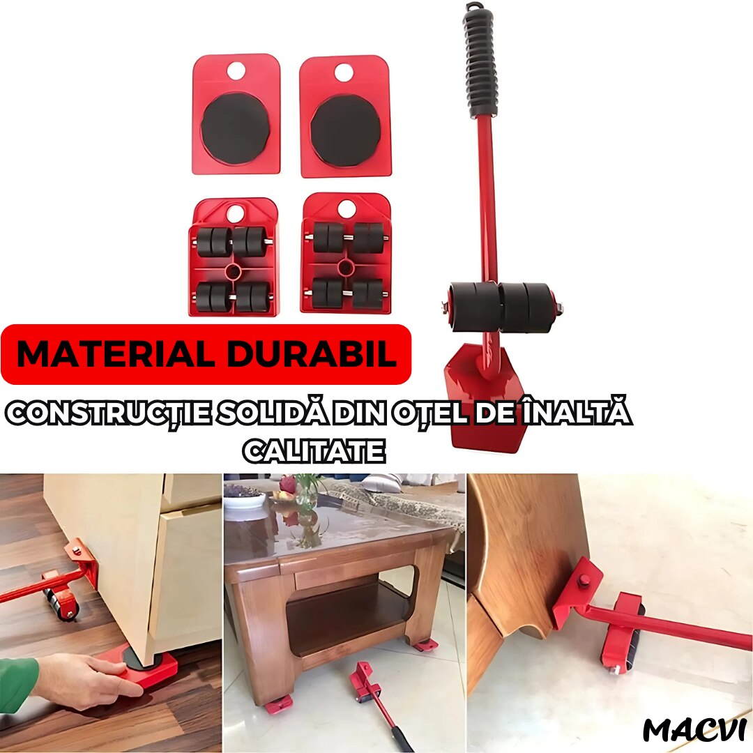 Set levier cu role si 4 suporturi pivotante Macvi®, cu roti pentru mobilier si electrocasnice, capacitate totala 600 kg