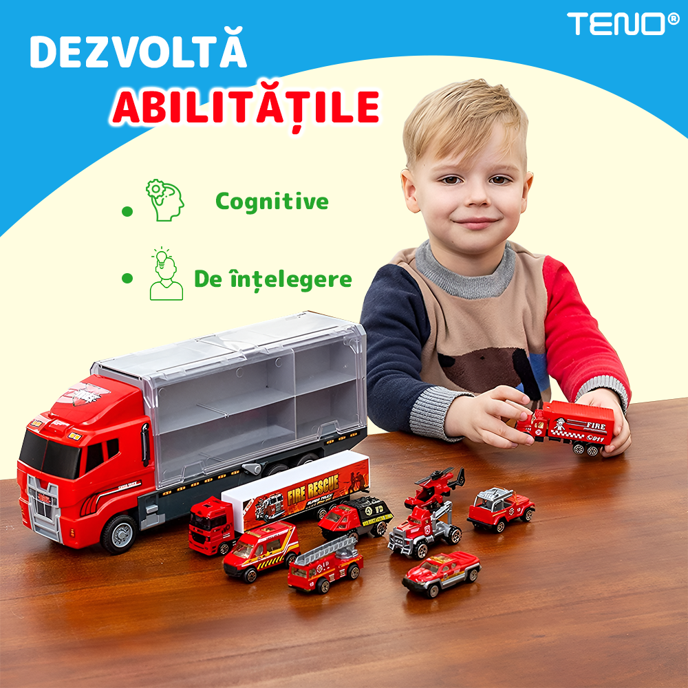Set Camion Trailer de Jucarie pentru Transport Teno®, seria pompieri, 10 masinute incluse, ambulanta, utilaje, tir, accesorii mobile, lansator si rampa frontala, platforma tractare, rosu