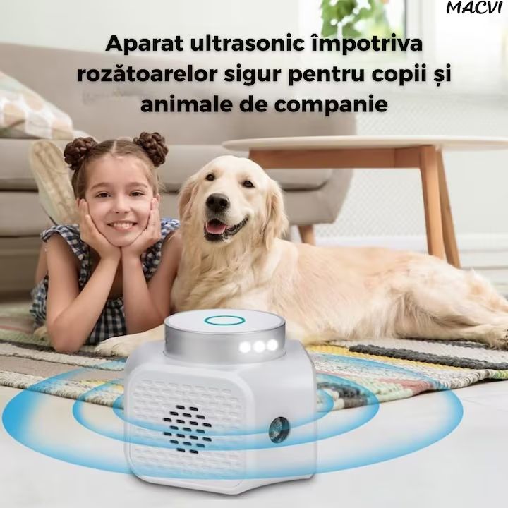 Aparat Macvi® cu ultrasunete anti-daunatori, 360°, ultrasunete duale, 120 mp, frecventa 22-35/25 kHz, sigur pentru animale, alb