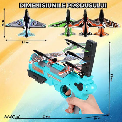 Pistol Lansator Macvi® cu 4 Avioane, Jucarie Interactiva pentru Copii, Design Usor si Sigur, Albastru