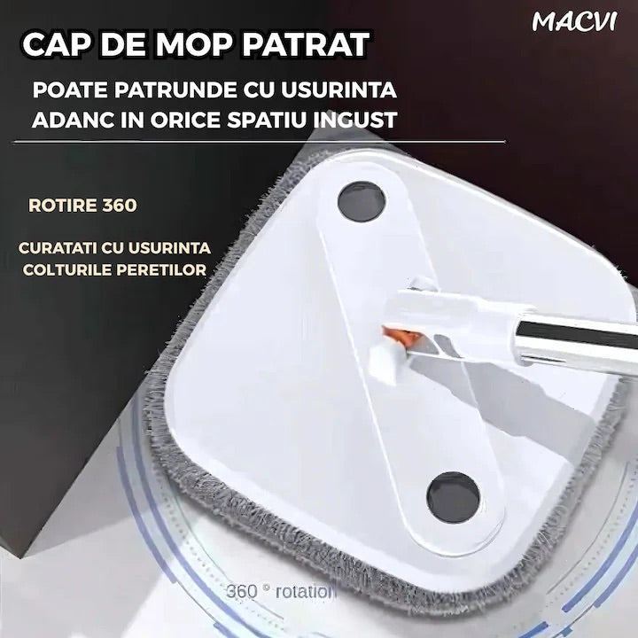 Mop Rotativ Macvi® cu Galeata, 2 lavete microfibra, functie de autocuratare, Rotatie 360°, Stoarcere Automata, Gri Deschis