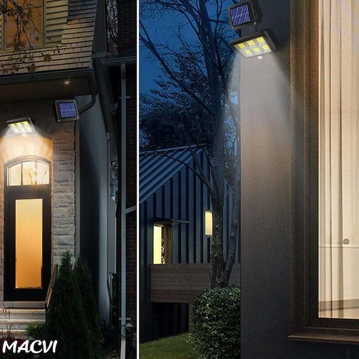 Lampa solara LED COB Macvi® 120 LED senzor miscare telecomanda panou solar reglabil cablu 5 m rotatie 360 grade IP65 rezistenta apa si praf lumina rece 30W