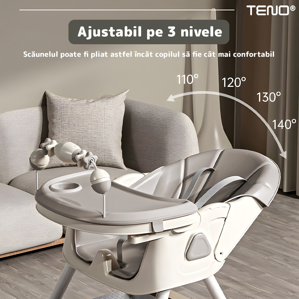 Scaun de Masa 3in1 pentru Bebelusi si Copii Teno®, centura de siguranta in 5 puncte, tavita reglabila si detasabila, loc depozitare jucarii, gri deschis