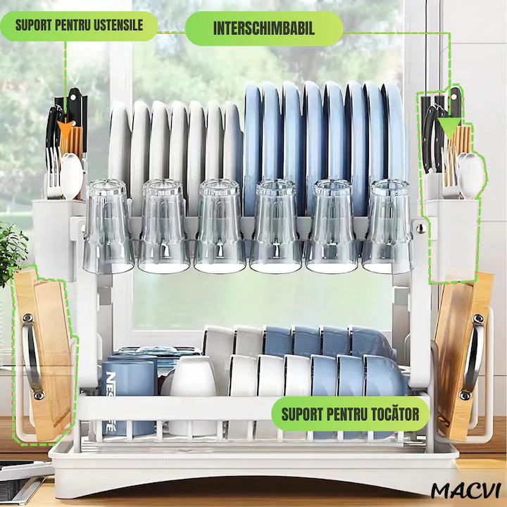 Uscator de vase supraetajat Macvi®, 2 niveluri, suport pentru tacamuri si pahare, tava scurgere, metal rezistent, 42x30x29 cm, alb