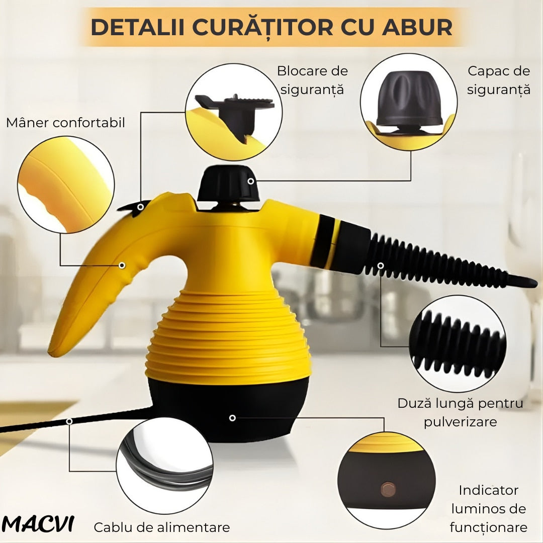 Aparat de curatat cu aburi Macvi® cu maner 8 in 1 galben-negru”