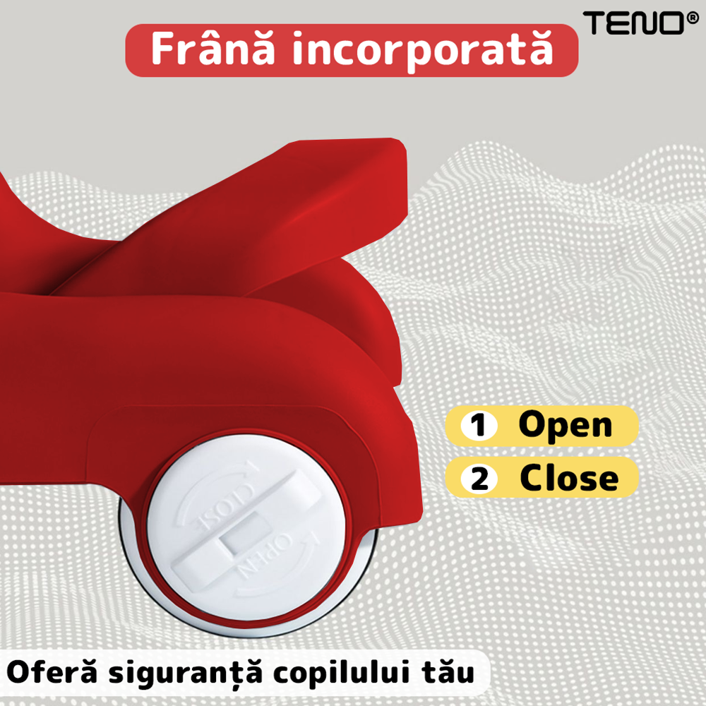 Premergator Multifunctional pentru Bebelusi Teno®, tava cu 3 jucarii, pisica, muzica, reglabil, pliabil, greutate max 20kg, 6-36 luni, rosu