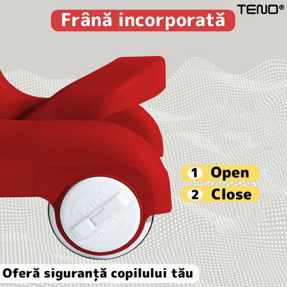 Premergator Multifunctional pentru Bebelusi Teno®, tava cu 3 jucarii, pisica, muzica, reglabil, pliabil, greutate max 20kg, 6-36 luni, rosu