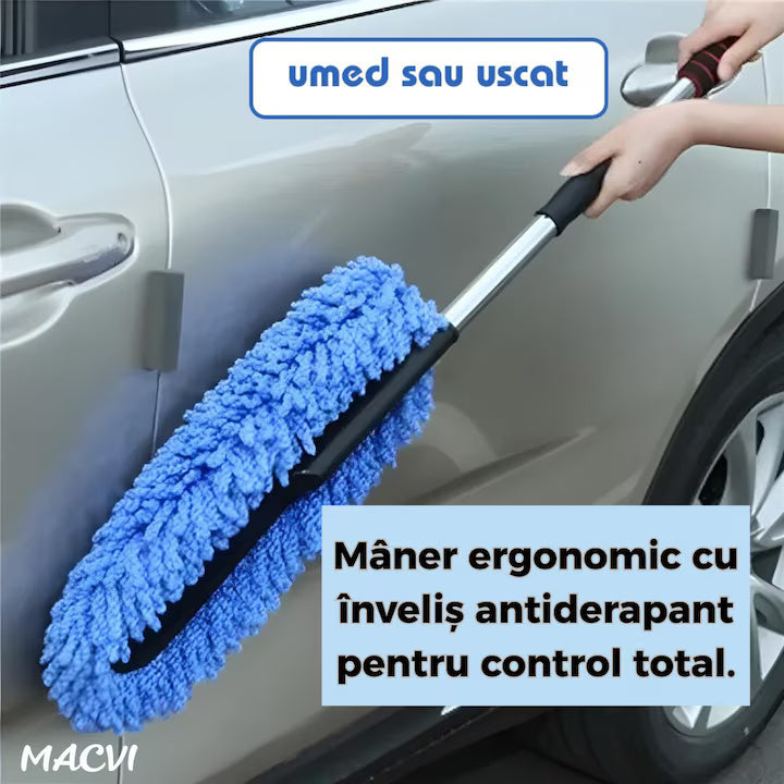 Pamatuf auto din microfibra Macvi® cu maner telescopic, antistatic, ideal pentru praf, plafon si caroserie