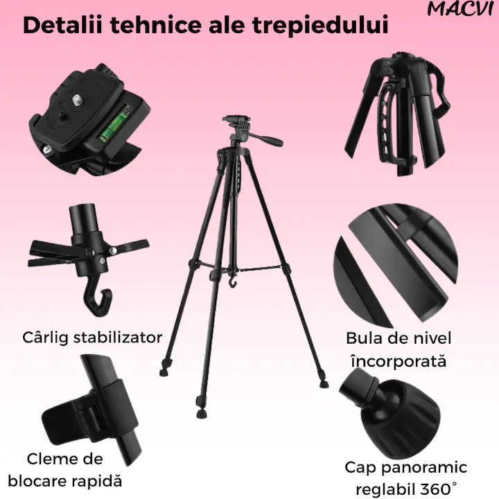 Trepied Universal Macvi® 360 foto video reglabil 55-160 cm cu cap pivotant si husa transport