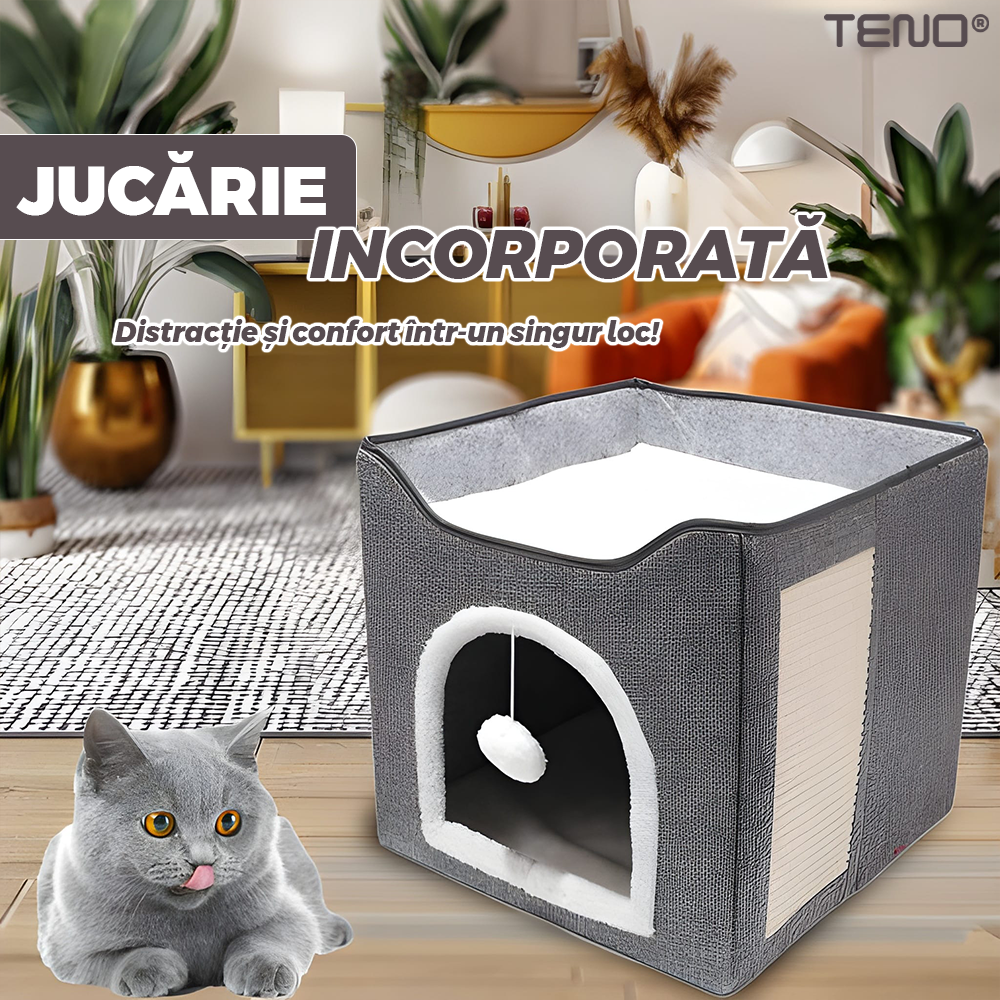 Casuta pentru Pisici Teno, pliabila, anti-alunecare, gri, 38x38cm