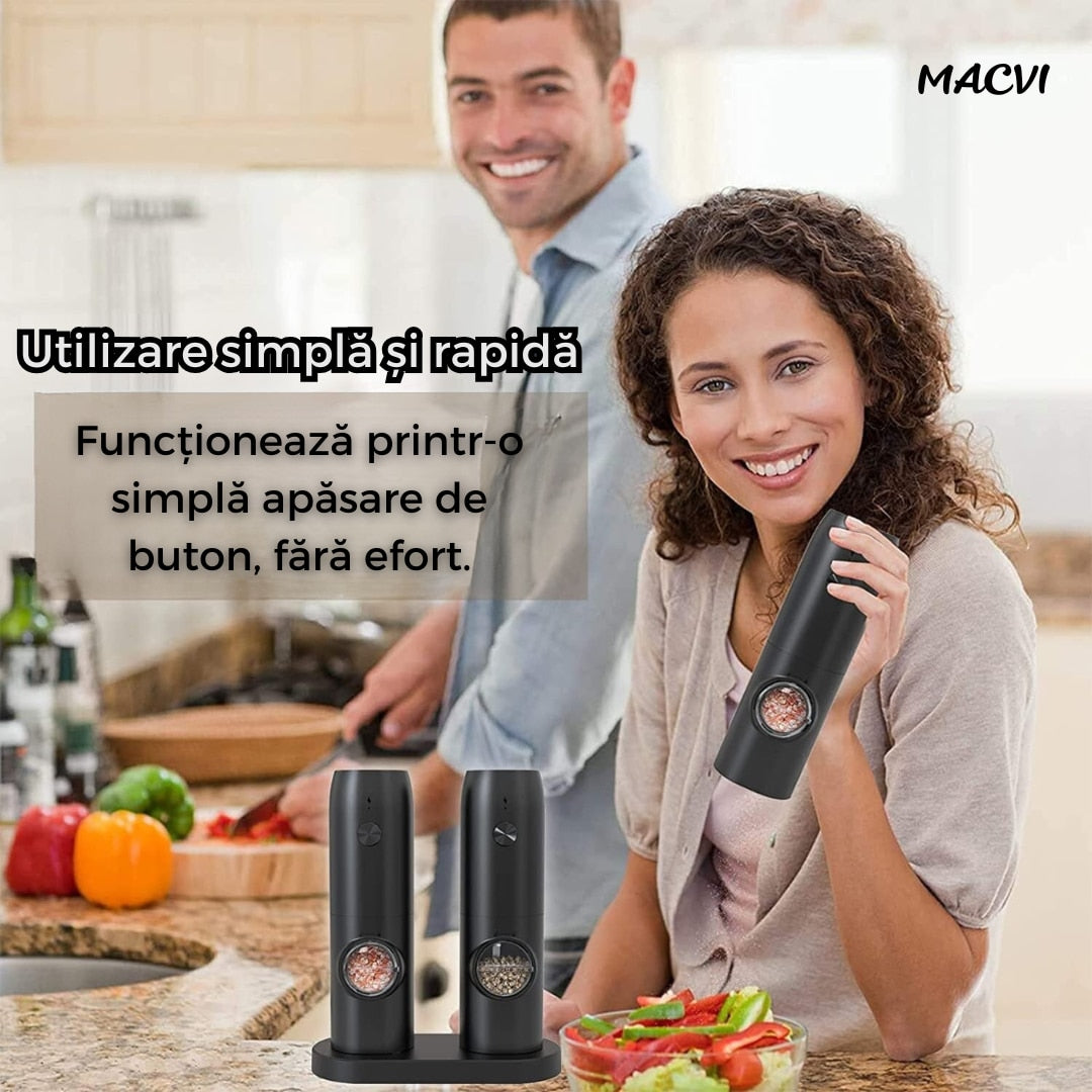 Set 2 rasnite electrice Macvi® reincarcabile pentru sare, piper si condimente, usor de utilizat, pentru bucataria ta