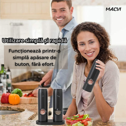 Set 2 rasnite electrice Macvi® reincarcabile pentru sare, piper si condimente, usor de utilizat, pentru bucataria ta