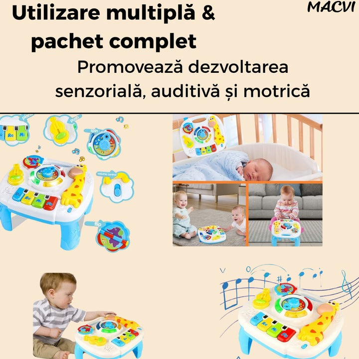 Masa Activitati Macvi® 2in1 bebelusi cu muzica, lumini si butoane educative, picioare detasabile
