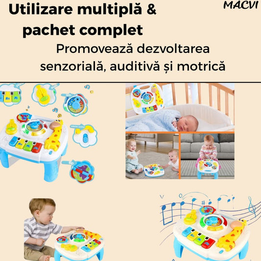 Masa Activitati Macvi® 2in1 bebelusi cu muzica, lumini si butoane educative, picioare detasabile