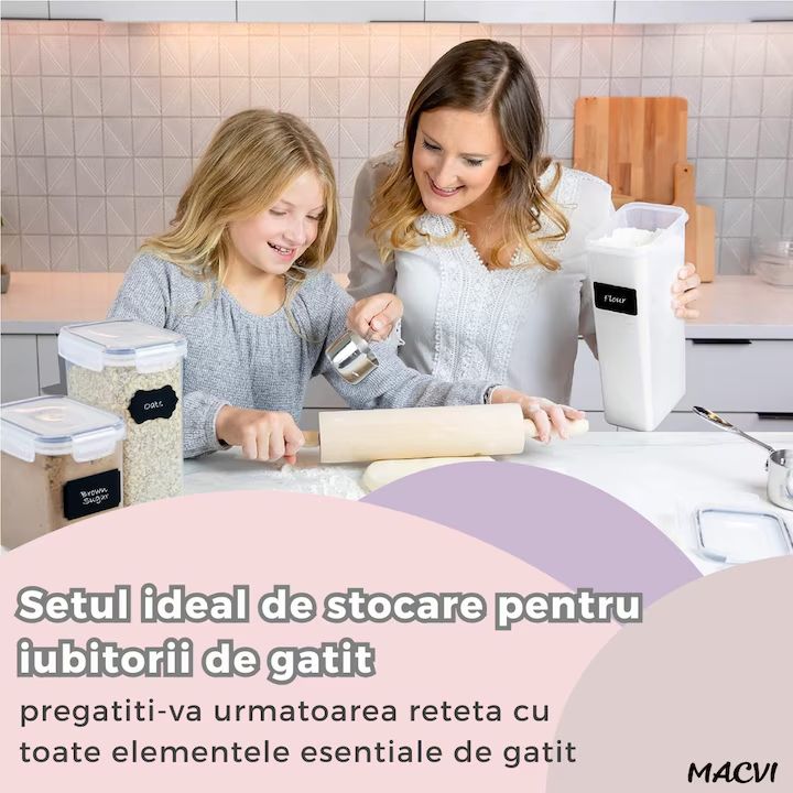 Set 42 organizatoare/recipiente Macvi® pentru depozitare alimentara, etanse, design minimalist, fara BPA, stocabile, cu etichete si lingurite incluse