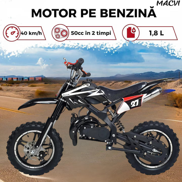 Motocicleta cross Macvi® pentru copii 49cc cu roti groase pornire usoara si motor pe benzina ideala pentru off road, Negru