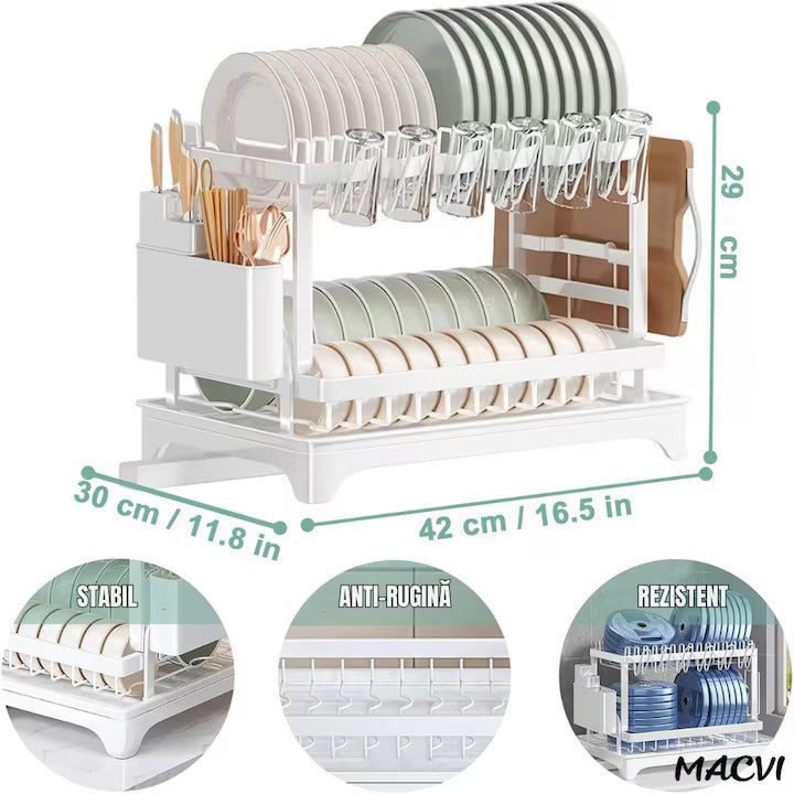Uscator de vase supraetajat Macvi®, 2 niveluri, suport pentru tacamuri si pahare, tava scurgere, metal rezistent, 42x30x29 cm, alb