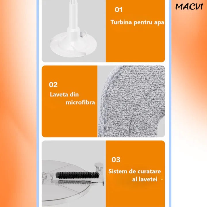 Mop Rotativ Macvi® cu Galeata, 2 lavete microfibra, functie de autocuratare, Rotatie 360°, Stoarcere Automata, Gri Deschis