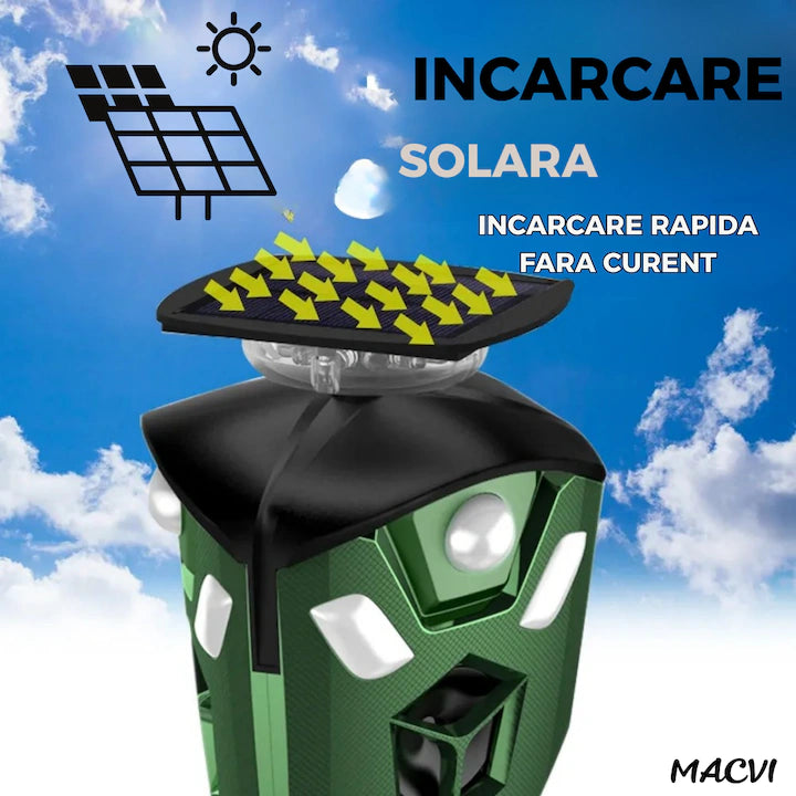 Aparat Macvi® cu ultrasunete anti-daunatori triplu, 360°, anti animale salbatice, incarcare solara/USB, 3 senzori PIR, LED-uri stroboscopice, waterproof, verde
