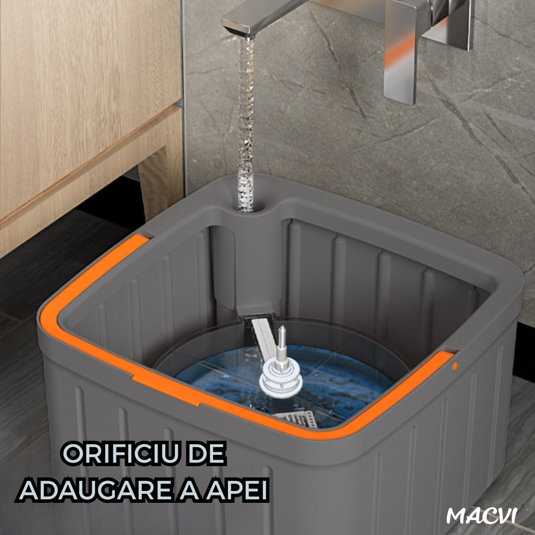Mop Rotativ Macvi® cu Galeata, 2 lavete microfibra, functie de autocuratare, Rotatie 360°, Stoarcere Automata, Gri Inchis