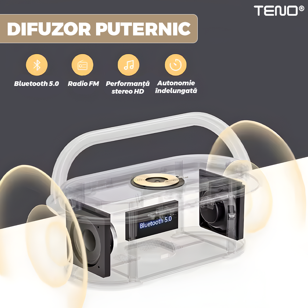 Boxa Portabila Teno 3 in 1, lumina ambientala si suport telefon, gri