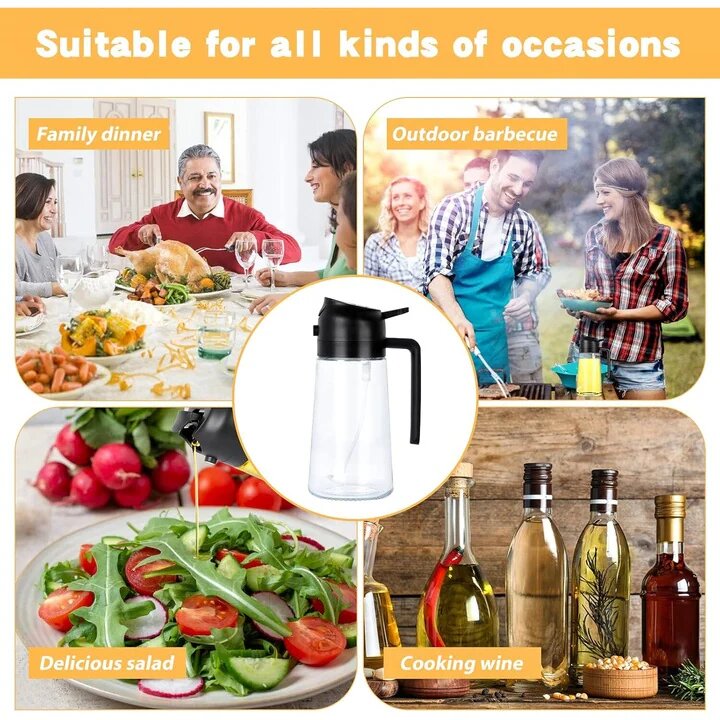 Sticla dozatoare ulei Macvi® 2 in 1, 470ml, cu pulverizator si turnare, control precis, sticla termorezistenta