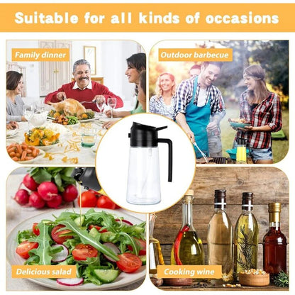 Sticla dozatoare ulei Macvi® 2 in 1, 470ml, cu pulverizator si turnare, control precis, sticla termorezistenta